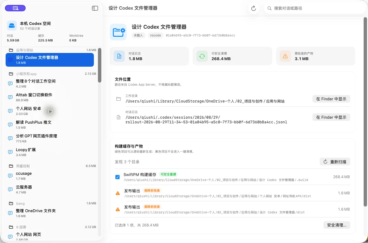 Codex Tidy overview of conversations, file locations, and storage